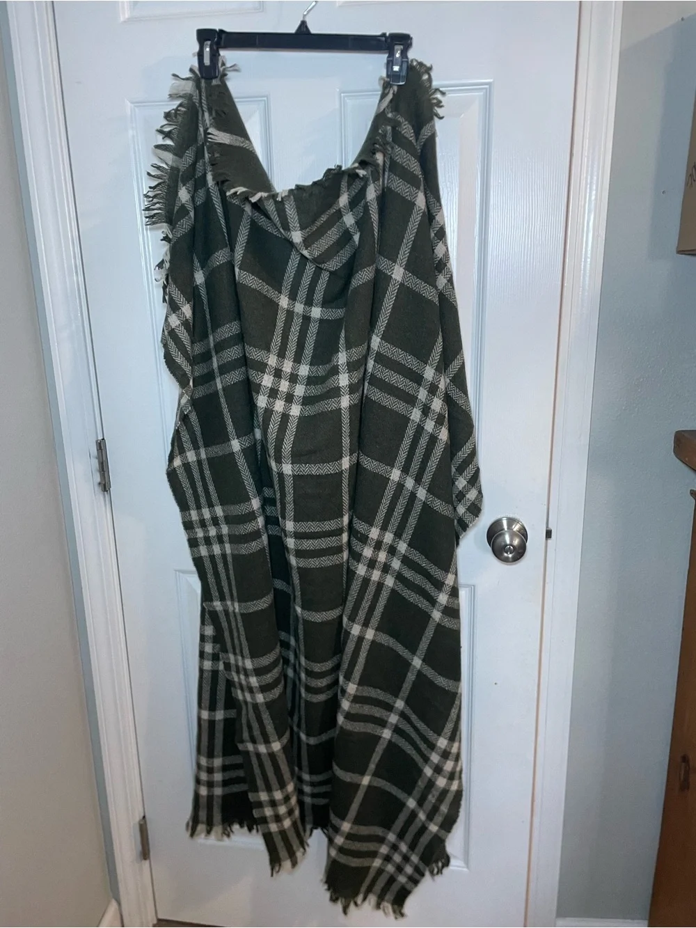 Sézane Green Plaid Wool Fringe Oversized Scarf Made in Italy